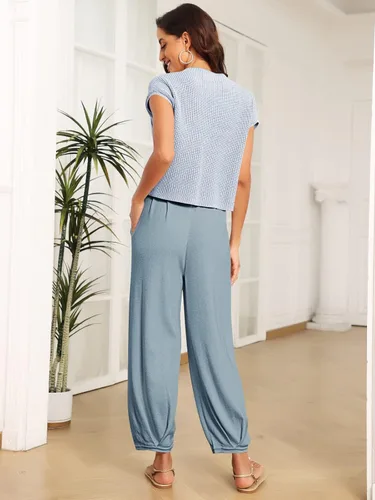 Vista 3 de LILLUSORY Conjuntos de 2 piezas para mujer, conjuntos de descanso de moda, suéter de punto acogedor de manga corta, conjunto de ropa de descanso a