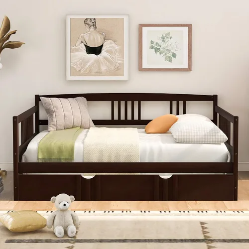Vista 13 de P PURLOVE Sofá cama de madera con rieles, cama individual, listones de madera que soportan la vida moderna (individual con cajones, blanco)