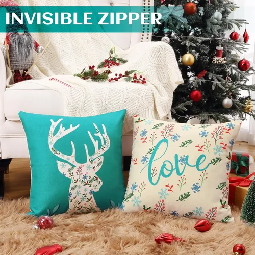 Vista 5 de CAROMIO Juego de 4 fundas de almohada decorativas de Navidad de 18 x 18 pulgadas, color verde azulado para el hogar, ciervos, árbol de Navidad