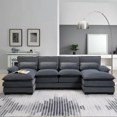 Vista 14 de Sofá modular de gran tamaño con otomana, lujoso juego de sofá modular en forma de L, sofá modular reversible de 7 plazas para sala de estar y beige