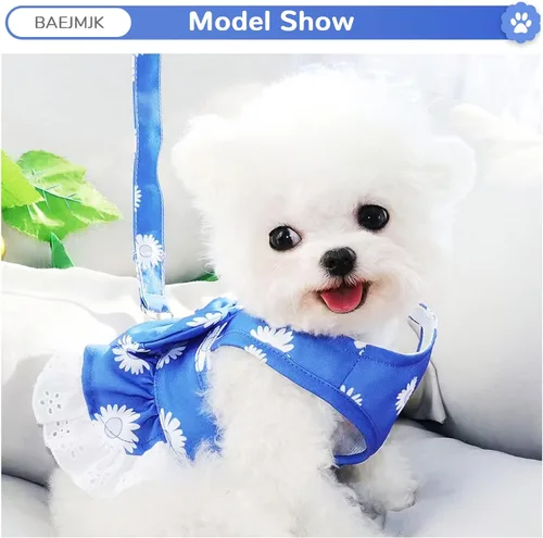 Vista 6 de BAEJMJK Juego de arnés y correa para perros pequeños, vestido de cachorro con lazo floral para niña, transpirable, lindo vestido de princesa