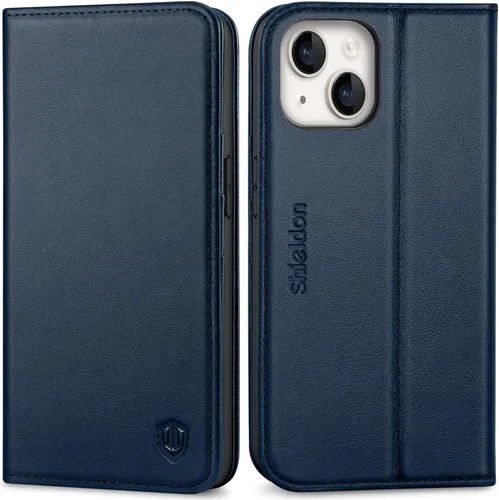 Vista 12 de SHIELDON Funda para iPhone 14 de 6.1", Funda tipo cartera de cuero genuino [Cierre magnético] [Ranuras para tarjetas con bloqueo RFID] [Soporte]