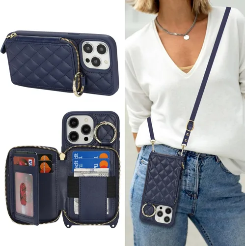 Vista 9 de Funda tipo cartera tipo bandolera para iPhone 11, de piel sintética, con cremallera, tipo cartera, con función atril, con ranuras para tarjetas