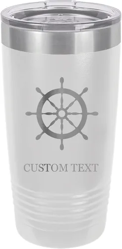 Vista 11 de 20-Ounce Vacuum Insulated Stainless Steel Tumbler Customized Double-Walled Laser Engraved Orange Coffee Mug, Ship Wheel, Personalized