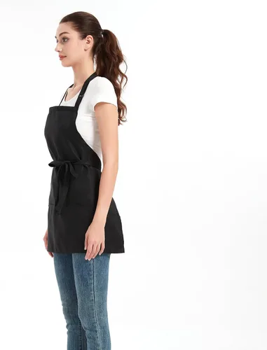 Vista 5 de Delantales para mujer con 3 bolsillos, delantal de cocina con revestimiento impermeable, delantal de chef con correa ajustable para el cuello Negro
