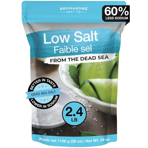 Aromasong Sal marina baja en sodio 100% natural de grano fino cloruro de potasio del mar muerto con sal del mar muerto, 39 oz (1106 g)