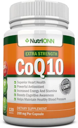 NutriONN CoQ10 200 mg (doble fuerza), 120 cápsulas - Coenzima de alta absorción Q10 - CoQ10 Ubiquinona de fuerza extra probada científicamente -