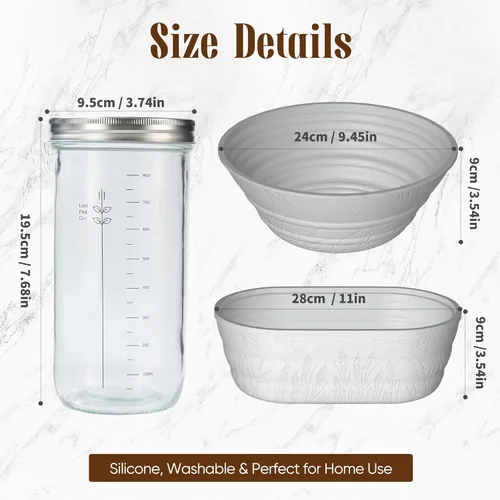 Vista 3 de Kit de inicio de masa madre con tarro – Suministros completos para hornear pan de masa madre para principiantes, incluye 2 canastas de fermentación