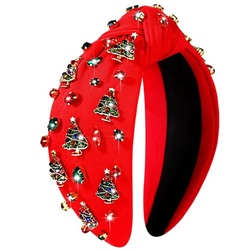 Vista 32 de NVENF Diadema con nudo superior ancho y perlas de cristal para mujer, accesorios para el cabello, regalos (árbol de Navidad grande 1)