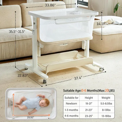 Vista 4 de Moisés de malla para bebé de 0 a 6 meses, moisés mecedor eléctrico con 3 velocidades de balanceo y 8 música, color beige