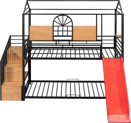 Vista 37 de Harper & Bright Designs Litera de metal para niños, cama individual sobre individual, litera baja con forma de casa, techo, escalera, barandilla