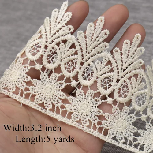 Vista 2 de Cinta de encaje beige de 5 yardas de ancho, borde bordado, para costura, manualidades, boda, apliques, decoración del hogar