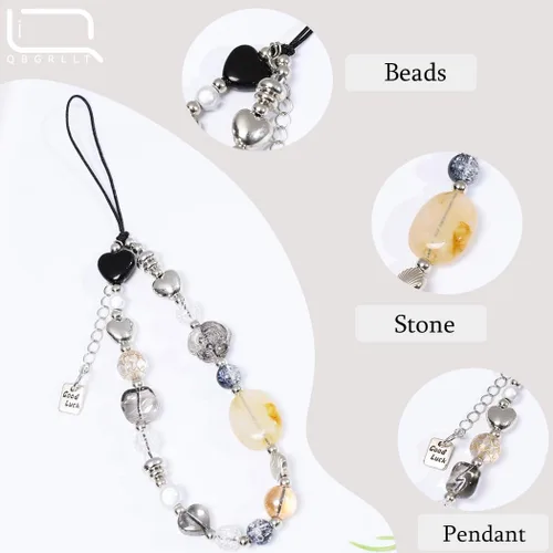Vista 2 de Bonito dije para teléfono celular Y2K estético con cuentas de corazón, correa de muñeca, cuentas de piedras naturales, accesorios hechos a mano