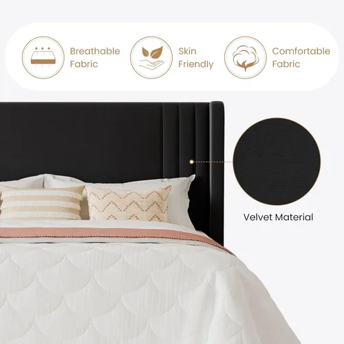 Vista 25 de SHA CERLIN Base de cama tapizada de terciopelo de tamaño matrimonial con cabecera de ala capitonada de canal vertical, soporte de listones