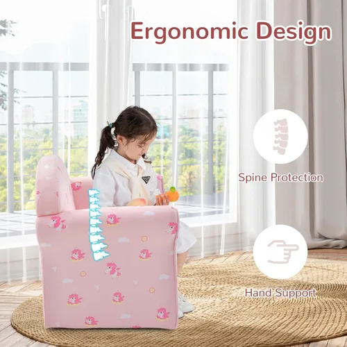 Vista 6 de INFANS Sofá para niños, sillón para niños pequeños con diseño de dibujos animados de construcción de madera resistente, sillón tapizado para niños