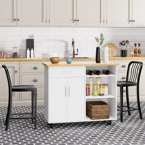 Vista 9 de Shintenchi Carrito de isla de cocina con almacenamiento, armario de bar portátil sobre ruedas, mesa auxiliar de carrito de microondas con estación