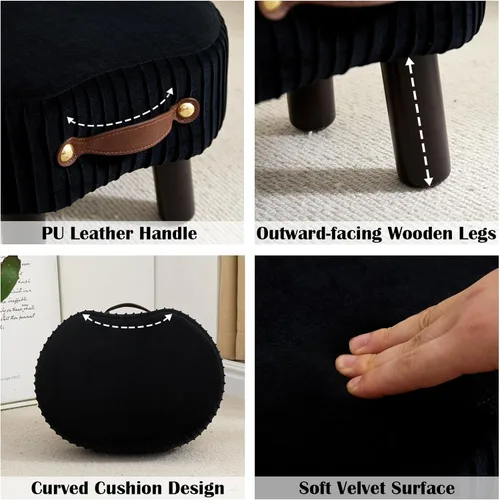 Vista 5 de Reposapiés otomano pequeño, taburete con asa, reposapiés otomano de terciopelo con asiento acolchado, taburete curvado con patas de madera para sala