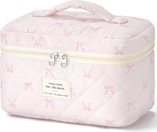 Vista 16 de HBselect Bolsa de Maquillaje Acolchada, Bolsa de Maquillaje Grande de Algodón para Viaje, Lindas Bolsas de Maquillaje con Flores Coquette, Bolsas