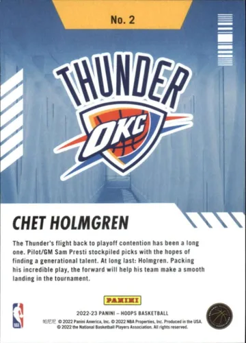 Vista 2 de 2022-23 Panini NBA Hoops Arriving Now #2 Chet Holmgren Oklahoma City Thunder Retail Exclusive Insert Basketball Card