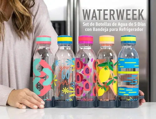 Vista 4 de REDUCE WaterWeek - Botellas de agua reutilizables Tritan de 14 onzas, incluye 5 botellas a prueba de fugas y bandeja para refrigerador, sin BPA