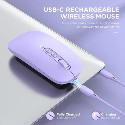 Vista 4 de Ratón inalámbrico Bluetooth, multidispositivo recargable (tres modos BT1BT2+2.4G) Ratones de computadora con receptor USB, mouse silencioso delgado