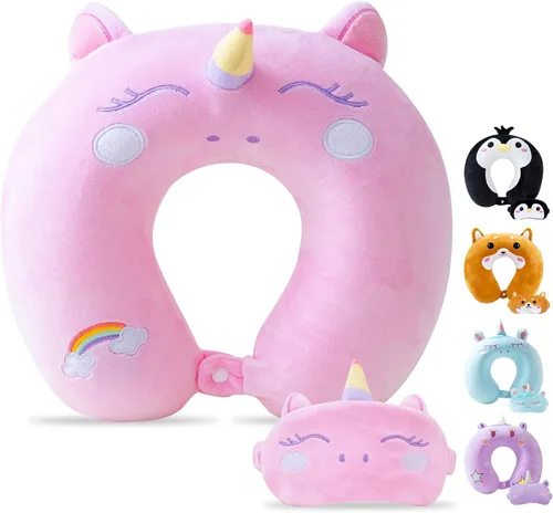 Vista 24 de Cirorld - Almohada de viaje para niños y adultos, linda almohada de cuello para viajar, espuma viscoelástica para avión, máscara para dormir
