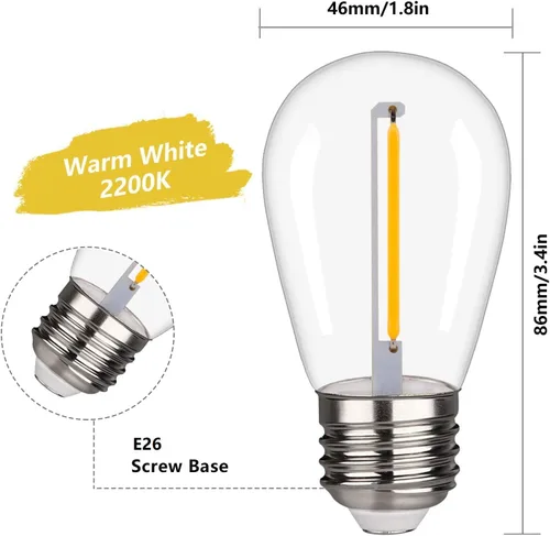 Vista 2 de Paquete de 15 bombillas LED S14, bombillas de repuesto inastillables e impermeables de 1 W, bombillas LED Edison con base E26, blanco cálido 2200 K