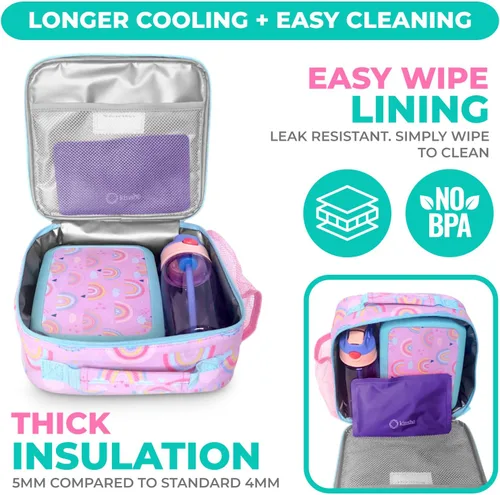 Vista 5 de Kinsho Lonchera para niños con bolsa de hielo, niñas, arcoíris