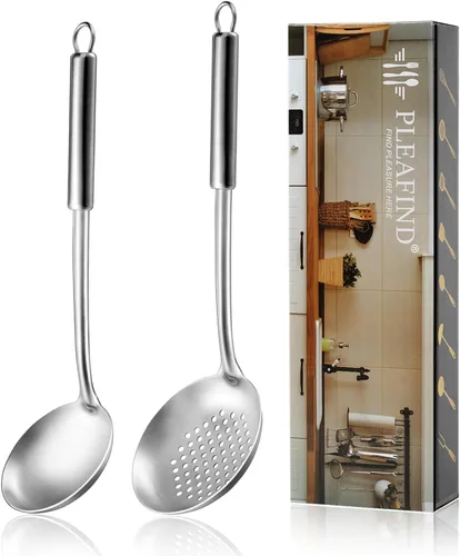 Pleafind 2 piezas Cucharón y cuchara ranurada, cucharón para sopa y cuchara colador, cucharas de cocina y espumaderas de acero inoxidable