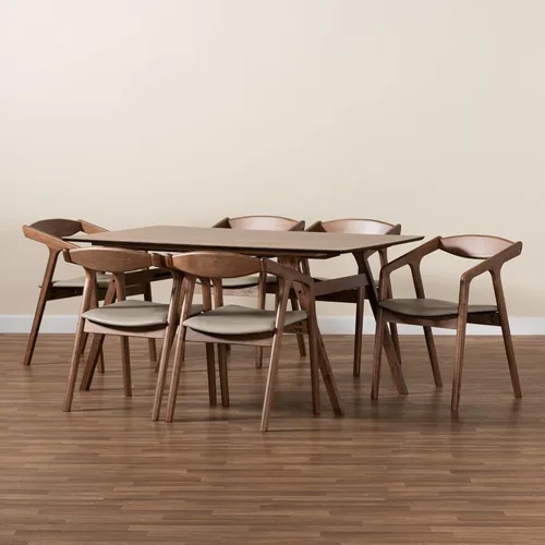 Vista 8 de Baxton Studio Harland - Juego de comedor de 7 piezas, tapizado de piel sintética gris y acabado marrón nogal, juego de comedor de 7 piezas