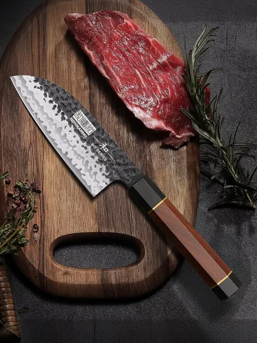 Vista 5 de HOSHANHO - Cuchillo Santoku de 5 pulgadas, cuchillo de chef japonés profesional de acero de alto carbono, cuchillo de cocina ultra afilado con mango
