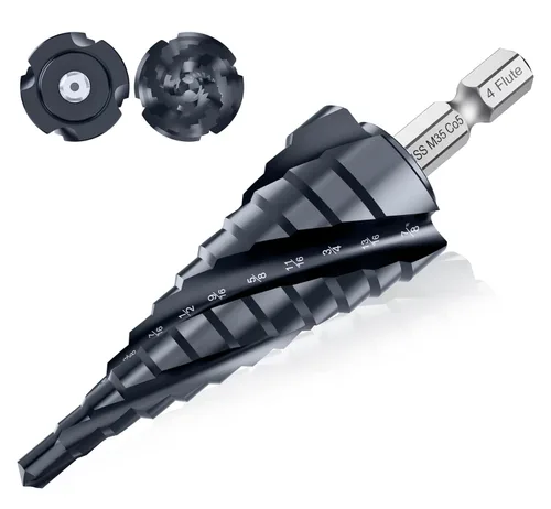 Vista 18 de Broca de cuatro Sprial Flauta M35 de cobalto, 1/4"-1-1/8" Ultra TiAIN recubierta Unibit broca, broca de vástago hexagonal de 1/4" para metal, acero