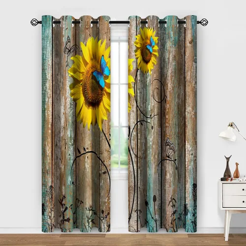 Vista 2 de Aimego Cortinas opacas rústicas florales de girasol, cortinas de oscurecimiento de habitación, cortinas de madera de campo con mariposas azules