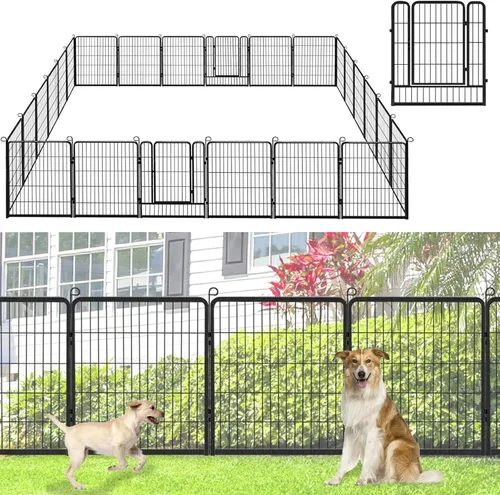 Vista 17 de Paneles decorativos de metal para valla de jardín, 32 pulgadas de alto x 5.3 pies de largo, valla sin excavación, 2 paneles para perros, valla