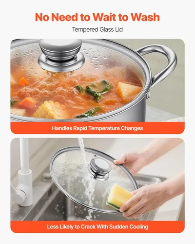 Vista 6 de VEVOR Olla de acero inoxidable, olla de acero inoxidable de 8 cuartos con tapa de vidrio, sin PFOA, sin PFAS, compatible con estufas de gas, cocinas