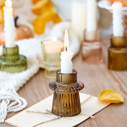 Vista 6 de Portavelas Marrones 6 Piezas para Velas de Té, Juego de Portavelas Cónicos de Vidrio Acanalado, Centros de Mesa para Acción de Gracias, Navidad