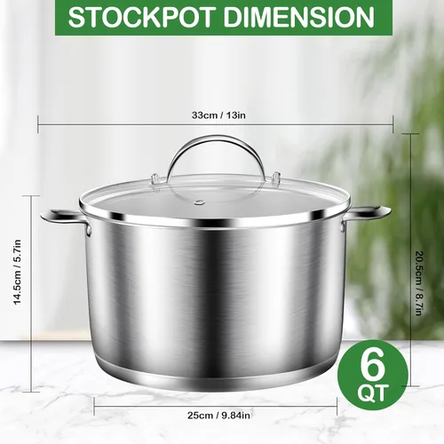 Vista 7 de STOCKPOT Olla de cocina, olla de acero inoxidable, olla de sopa con tapa de vidrio, ollas de inducción - 6 cuartos