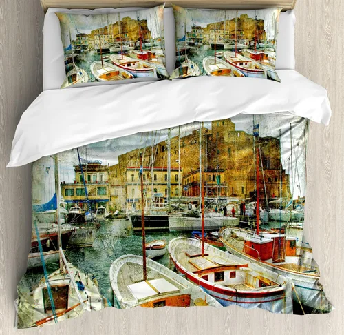 Vista 217 de Ambesonne Hawaii - Juego de funda de edredón de verano, palmeras y hojas exóticas de helecho, fondo colorido abstracto, juego de ropa de cama