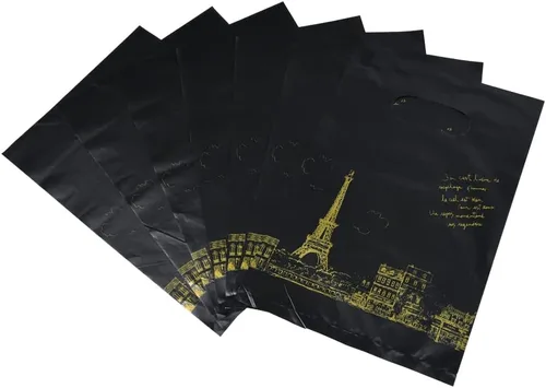 Vista 15 de ysmile Pequeña bolsa de compras de plástico negro con asa para pequeñas empresas Bolsa de plástico de mercancía troquelada bolsa de polietileno 100