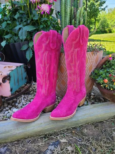 Vista 4 de Botas vaqueras bordadas para mujer, tacón grueso, botas occidentales, costuras clásicas, botas de media pantorrilla