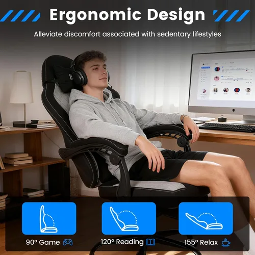 Vista 3 de Silla para Juegos, Silla de Computadora Ergonómica con Reposapiés y Soporte Lumbar, Silla de Oficina Ajustable en Altura con Asiento Giratório