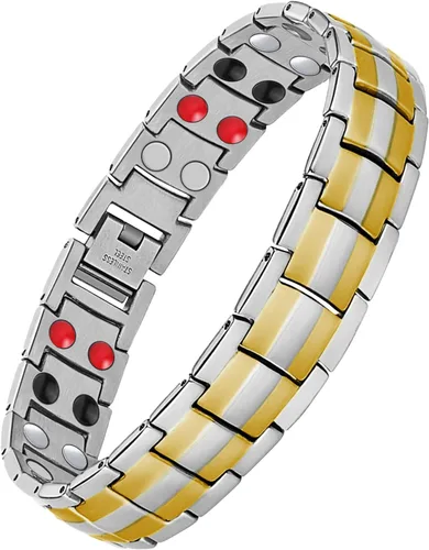 Vista 14 de Feraco Pulsera magnética de acero de titanio para hombre con doble fila de 4 elementos imanes, regalos para el día del padre