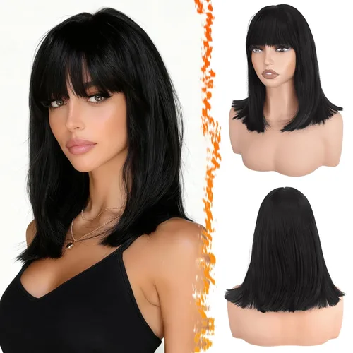 BARSDAR Peluca corta negra con flequillo, peluca negra con flequillo para mujer, 14 pulgadas, de aspecto natural, grueso, suave, pelucas de repuesto