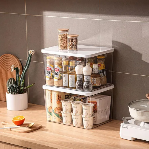 Vista 2 de Contenedores de almacenamiento de plástico transparente con tapas, contenedores de almacenamiento para aperitivos, cosméticos, libros, comida