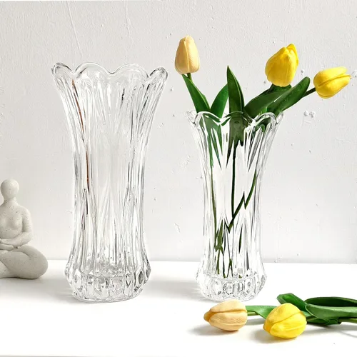 Vista 5 de Jarrón de cristal transparente de 11.2 pulgadas, diseño cilíndrico engrosado, decoración para el hogar, mesa de comedor, centros de mesa, oficina