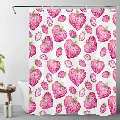 Vista 14 de LB Pink Strawberry Valentine's Day Shower Curtain for Bathroom,Creative Heart Shaped Strawberry with Green Leaf on Black Fabric Shower Curtain with