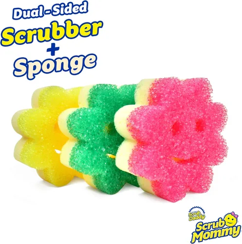 Vista 2 de Scrub Daddy Juego de esponjas – Scrub Mommy Power Flower Esponja y estropajo de doble cara – Esponja antiarañazos para platos y hogar, resistente al
