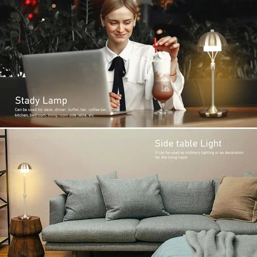 Vista 4 de Modern Table Lamp Cordless Portable Desk Lamp, 2700K Stepless Dimming Rechargeable Battery Operated LED Lights for Bedroom, USB-C Charging, Brushed