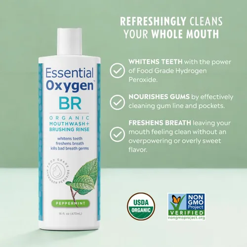 Vista 2 de Essential Oxygen, Enjuague de cepillado orgánico certificado, combo, menta, enjuague bucal totalmente natural, recomendado por dentistas, cuidado