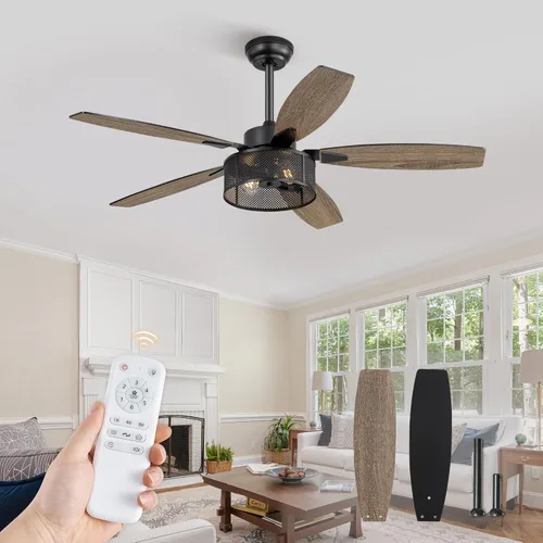 Vista 8 de Ventiladores de techo estilo granja con luces y control remoto, ventiladores de techo industriales negros enjaulados de 42 pulgadas para sala